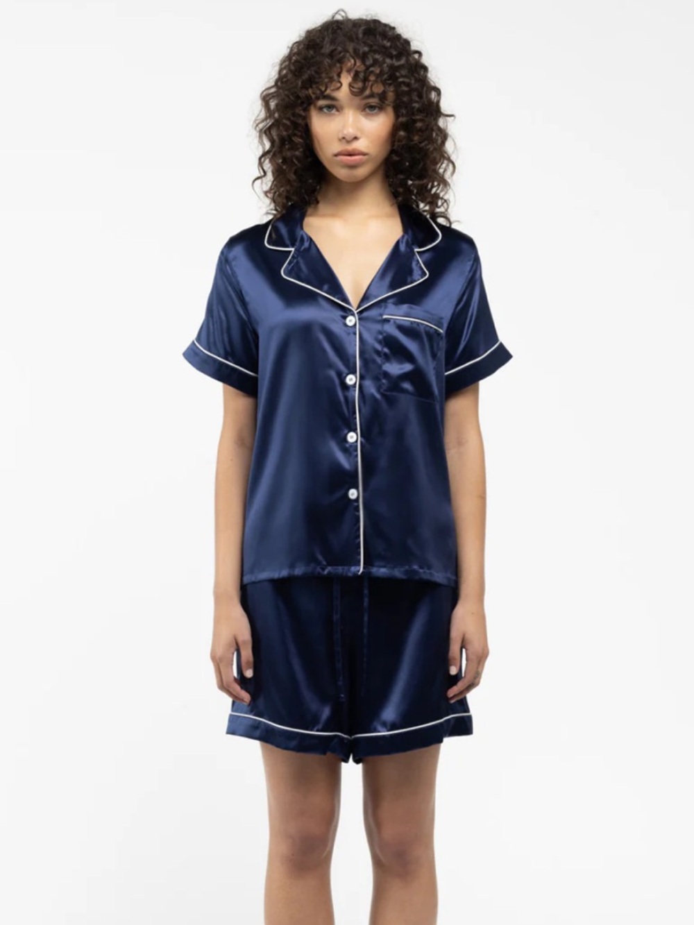 Clementine Sleepwear Navy Silk Pajama Set Top and Shorts with White Piping